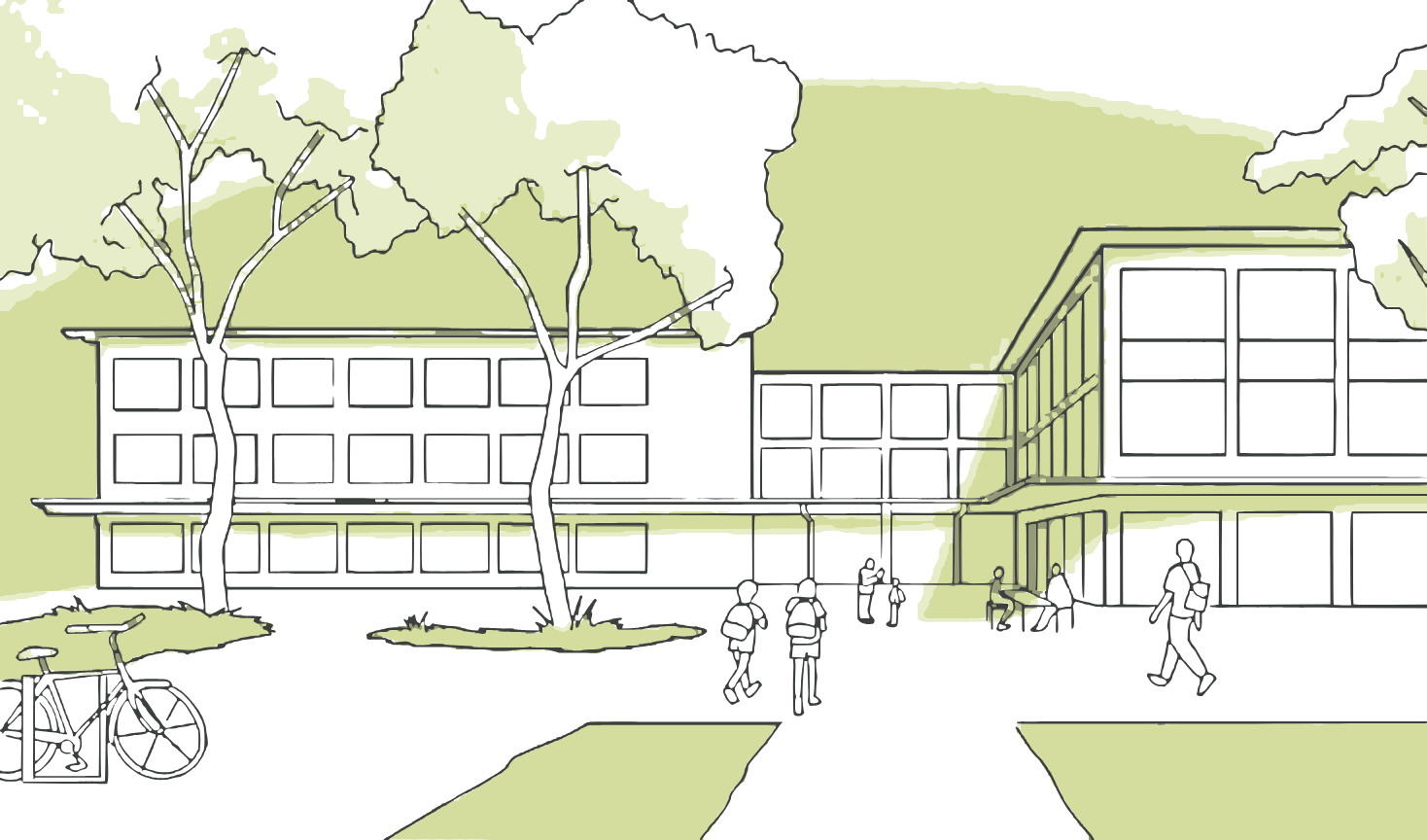 Dessin d'une école arborée avec des passants