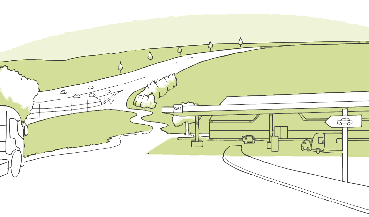 Dessin d'une route bordée de talus végétalisés